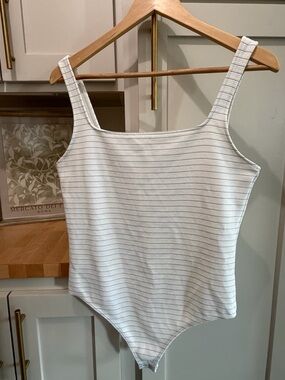 Express White Tank Bodysuit with Thin Gray Stripes